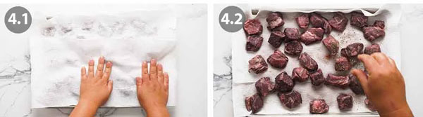 Cách nấu bò hầm rượu vang kiểu Pháp Beef Bourguignon Bước 4: Làm khô thịt và ướp thịt bò