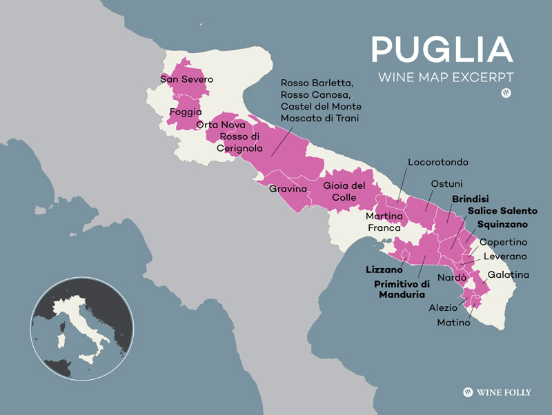 Rượu vang Puglia là bí quyết tạo nên giá trị của Ý Bản đồ các vùng làm vang của Puglia nước Ý
