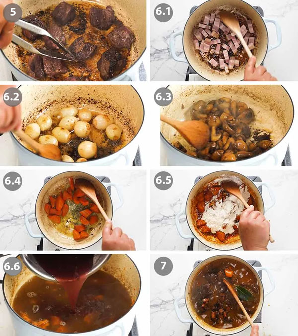 Cách nấu bò hầm rượu vang kiểu Pháp Beef Bourguignon Tóm tắt các bước nấu thịt bò hầm rượu vang đỏ